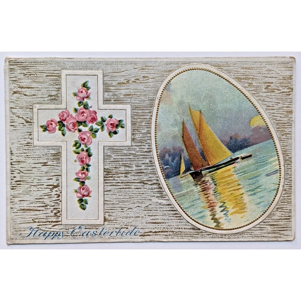 Antique Easter Greetings Floral Rose Cross Sailboat Nautical Egg c1910s Postcard